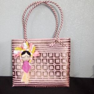 Pink Woven Tote Bag with Doll Charm